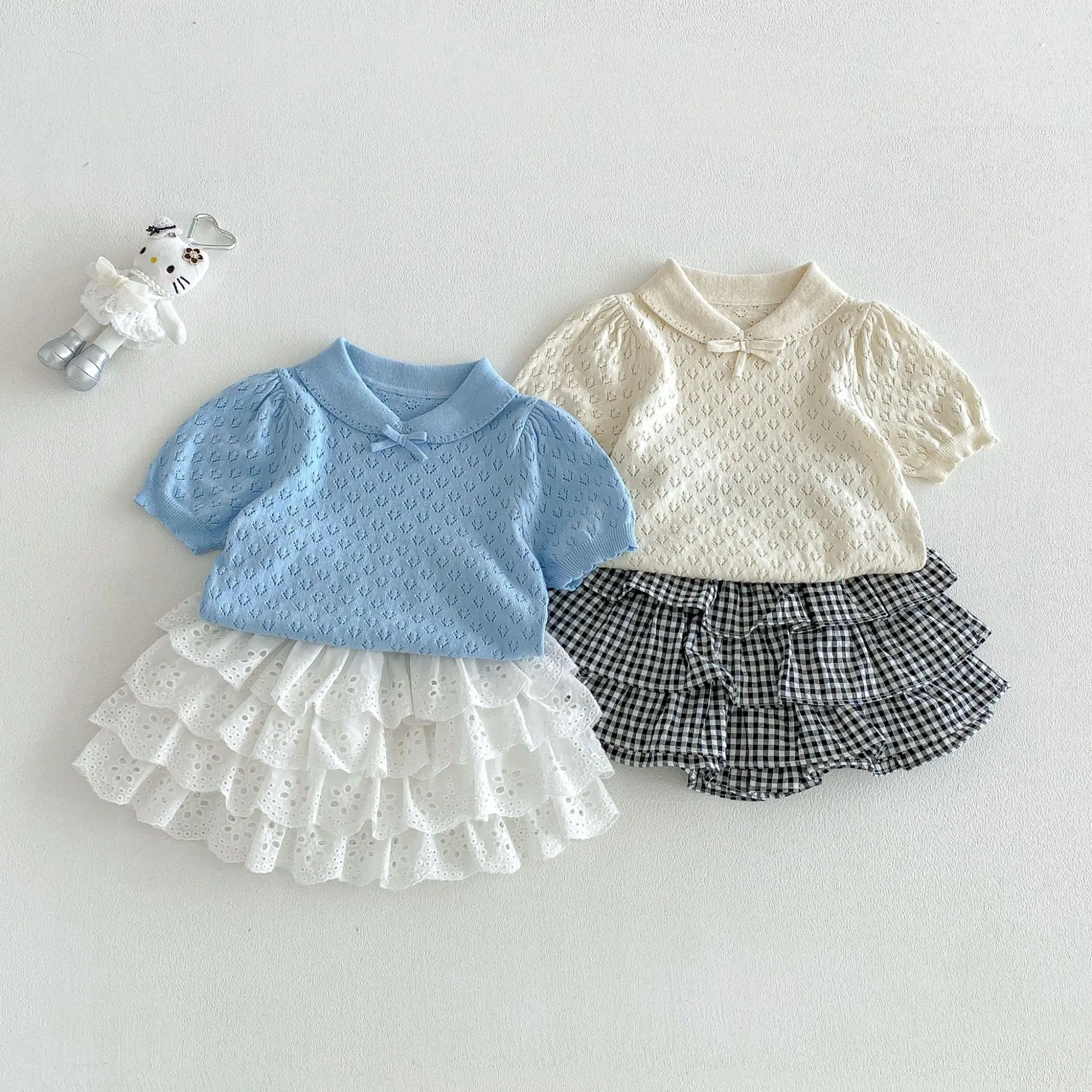 2026 Summer New Girls Short Sleeve T Shirts Solid Baby Girl Sweet Hollow Out Knitted Tops Toddler Simple Polo Collar T Shirts