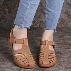 Letnie buty damskie klinowe Premium ortopedyczne eleganckie sandały antypoślizgowe skórzane Casual Retro sandały na platformie Plus rozmiar 34-43