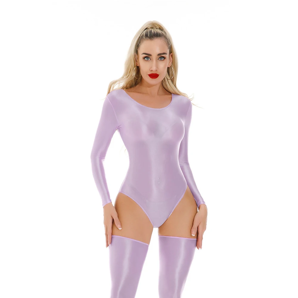 Sexy Women Candy Color High Cut Bodysuit Elastic Dance Tights Smooth Longsleeve Yoga Shapping Leotard One Pieces Thong