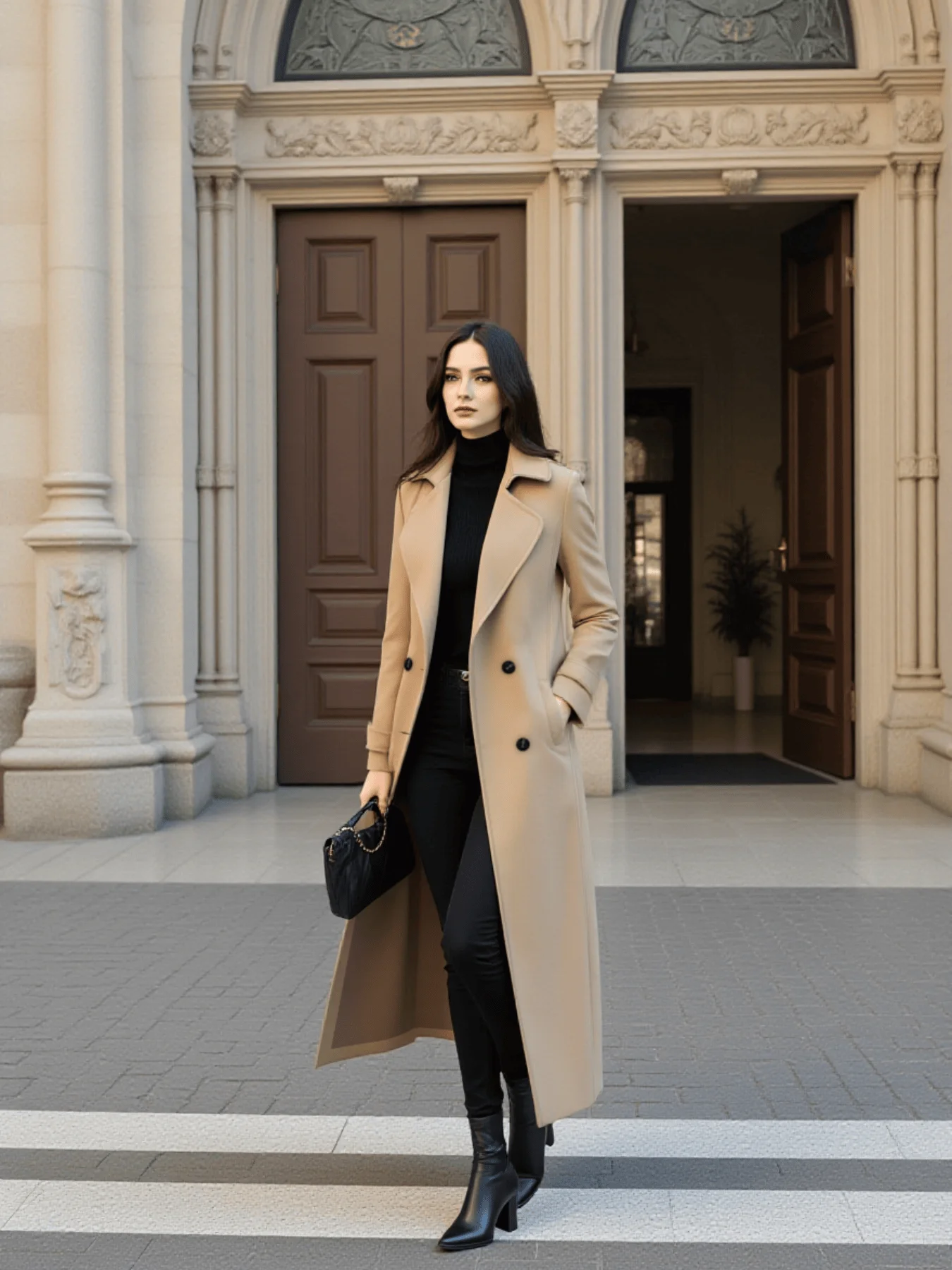Women's Warm Woolen Overcoat for Autumn Winter Double-Breasted Wool Blends with Belt Windproof Street Fashion Female Wear