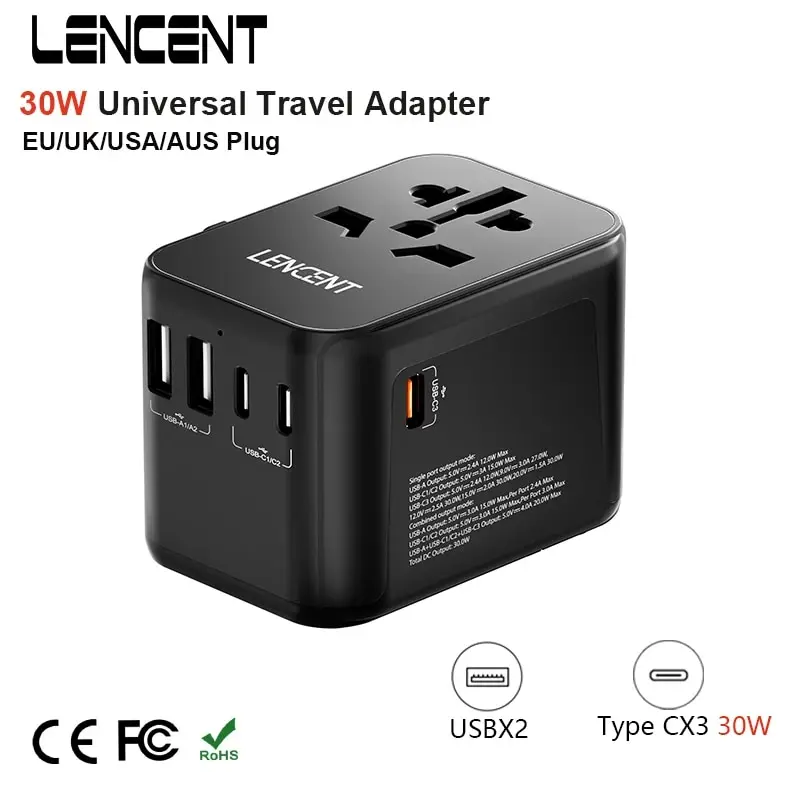 LENCENT 30W Universal Travel Adapter With 2 USB Port and 3 Type C All-in-one Travel Charger Adapter for US EU UK AUS Travel