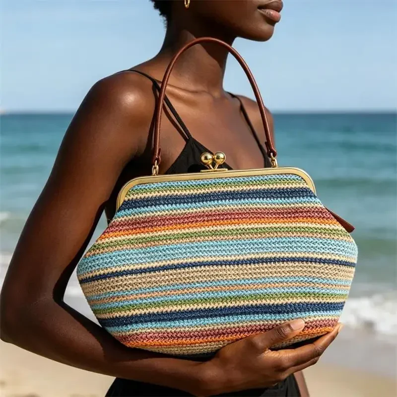 Luxuriöse Unregelmäßige Damen-Schultertasche, Sommer Strand Stroh Muschel-Handtasche Marken-Großraumtasche mit Clipverschluss Elegante Abendtasche – Detail 10