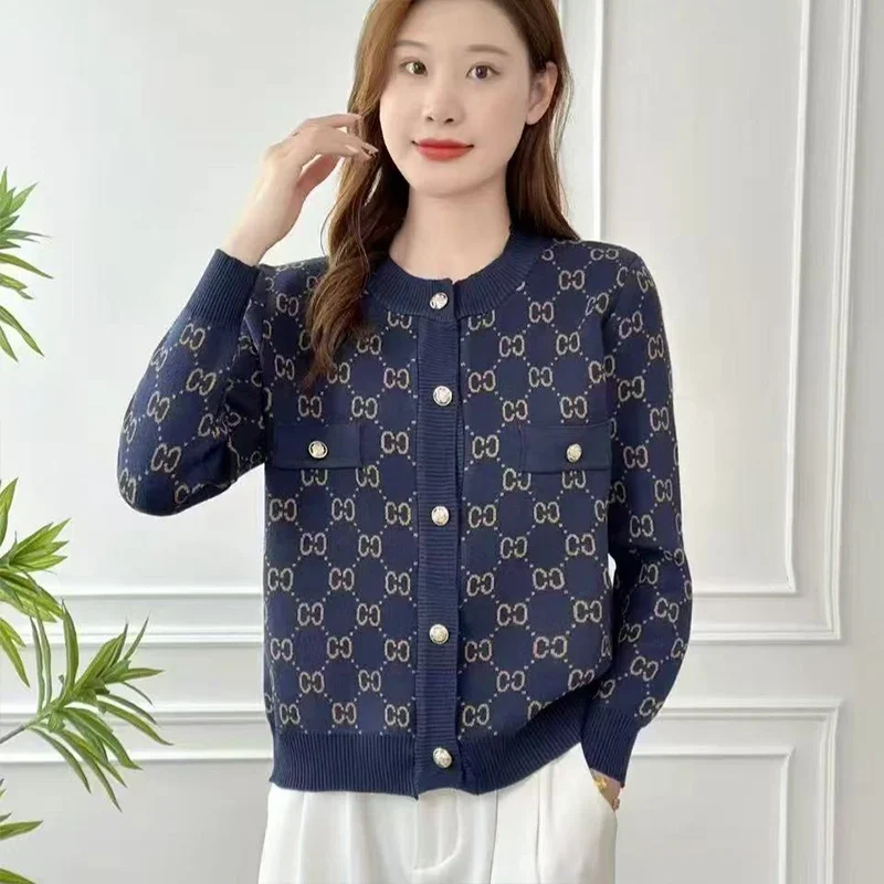 Women's Clothing Patchwork Round Neck Sweater Jacket for Women Spring Autumn Temperament Elegant Loose Knitted Cardigan Top