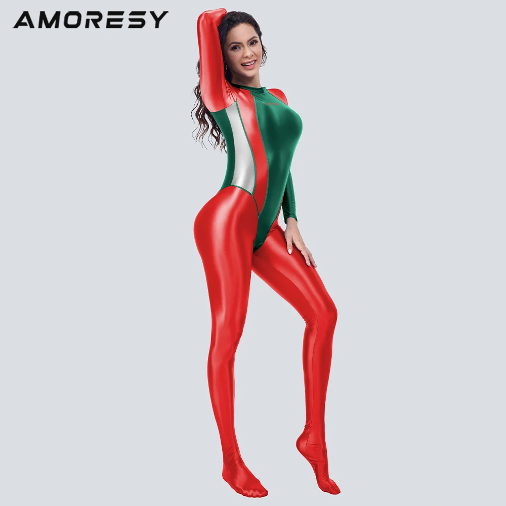 

AMORESY satin glossy Satin Glossy bodysuit color blocked full body tights holiday style swimsuit yoga surfing suit