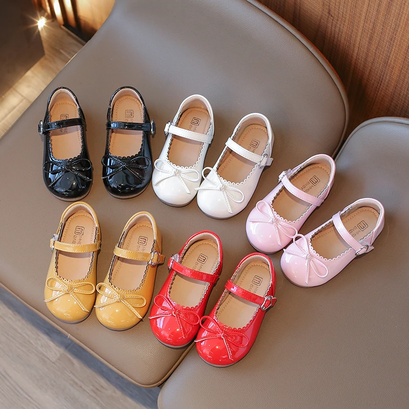 

2025 Princess Girls Shoes Kids Fashion Bowknot Leather Shoes Children Flat Sole Mary Jane Shoes Non-slip Leisure Shoe Size 21-30