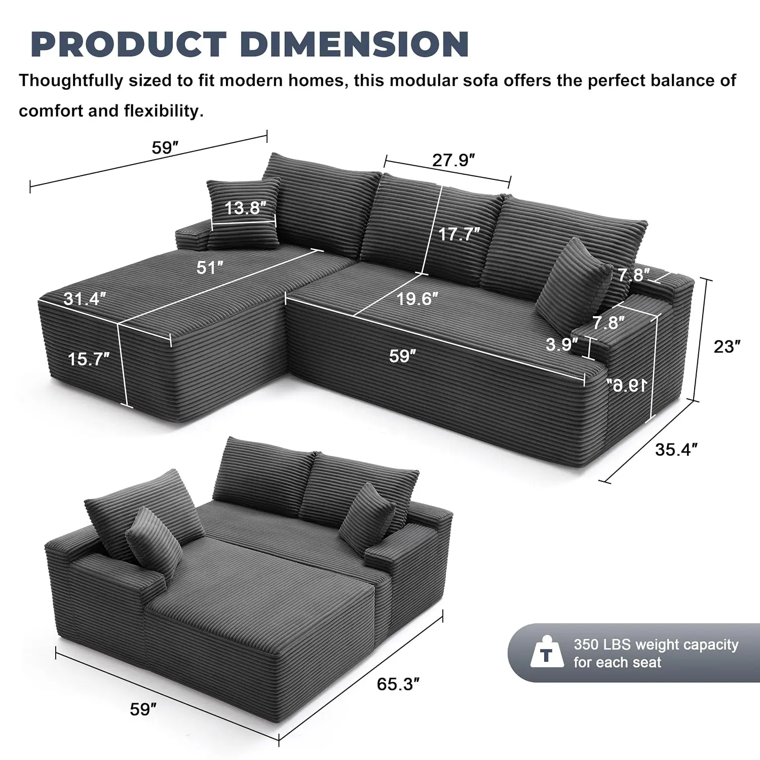 Cloud Sectional Sofa L Shaped Left Facing Chaise Deep Seat Back Support Kid Pet Friendly Dark Grey Apartment, Customized