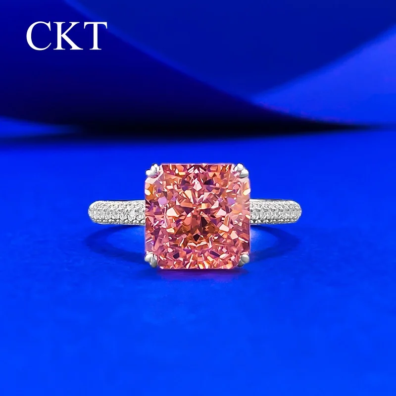 

CKT Стерлингового Серебра 925 пробы с измельченным льдом 9 мм Padparadscha Муассанит с бриллиантом Обручальное кольцо для женщин Изящные ювелирные изделия