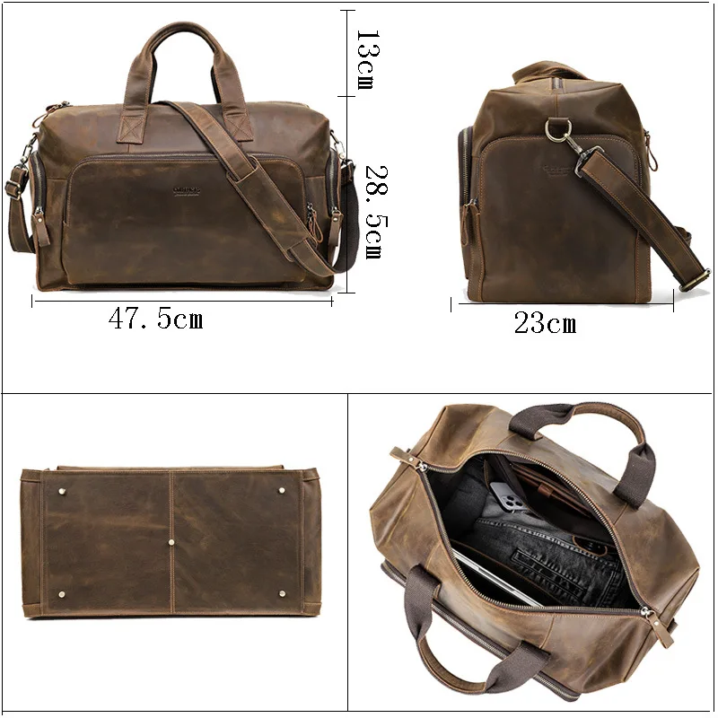 Sac de voyage vintage en cuir de vachette pour homme, grande capacité, étanche, poche de rangement extérieure, initié et portable, elin Horse