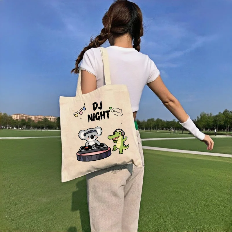 

1pc DJ Night Cute Koala Crocodile Cartoon Canvas Tote Bag Double-sided Printed Kawaii Music Party Casual Shoulder Shopping Bag