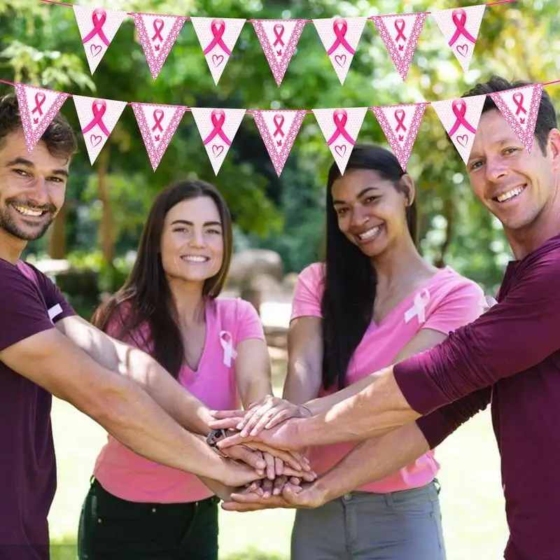 Pink Ribbon Pennant Banner Breast Cancer Awareness Ribbon Garland Hope Faith Strength Courage Banner Porch Sign Wall Decore