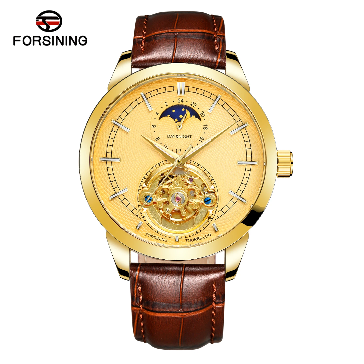 

FORSINING Деловые мужские часы Автоматические механические часы с фазой Луны Турбийон Светящиеся указатели Роскошные мужские наручные часы