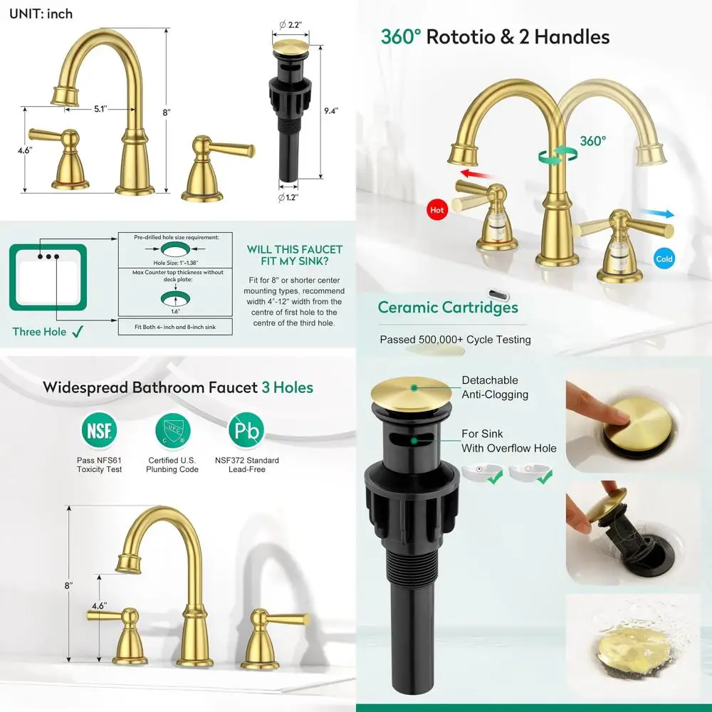 

3-Hole 2-Handle 8 Widespread Brushed Gold Bathroom Faucet Set with Drain, 360° Swivel Mixer Tap for Vanity Basin (Includes PUC S