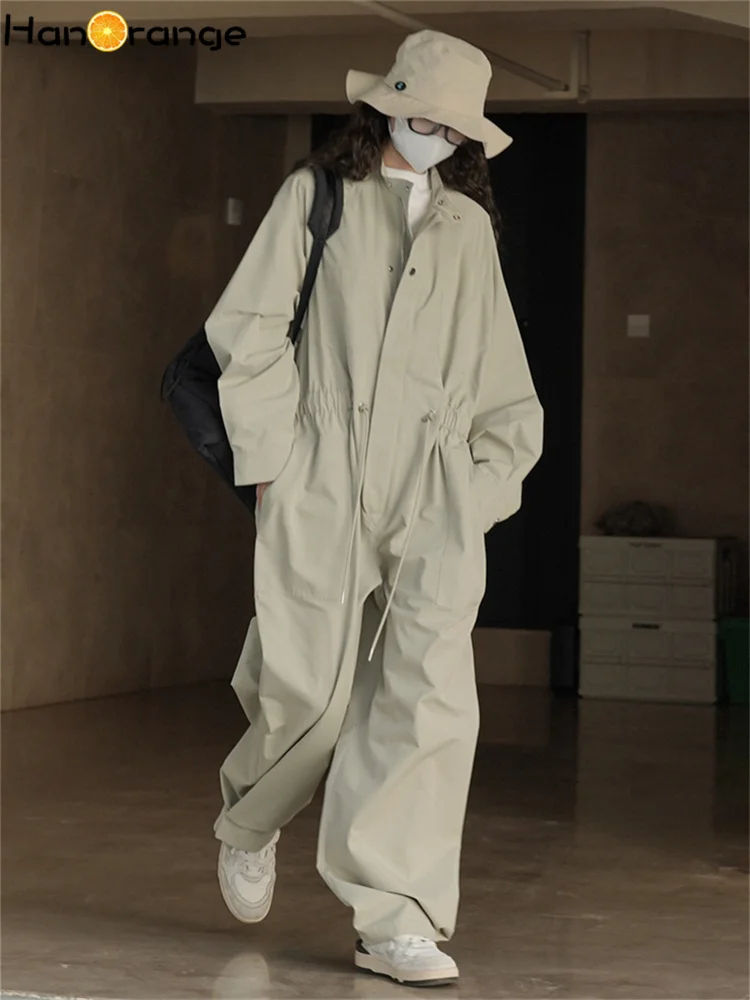 HanOrange 2024 Spring Outdoor Silhouette Cargo Jumpsuit Women Loose Cargo Pants Female Bright Blue/Grayish Green