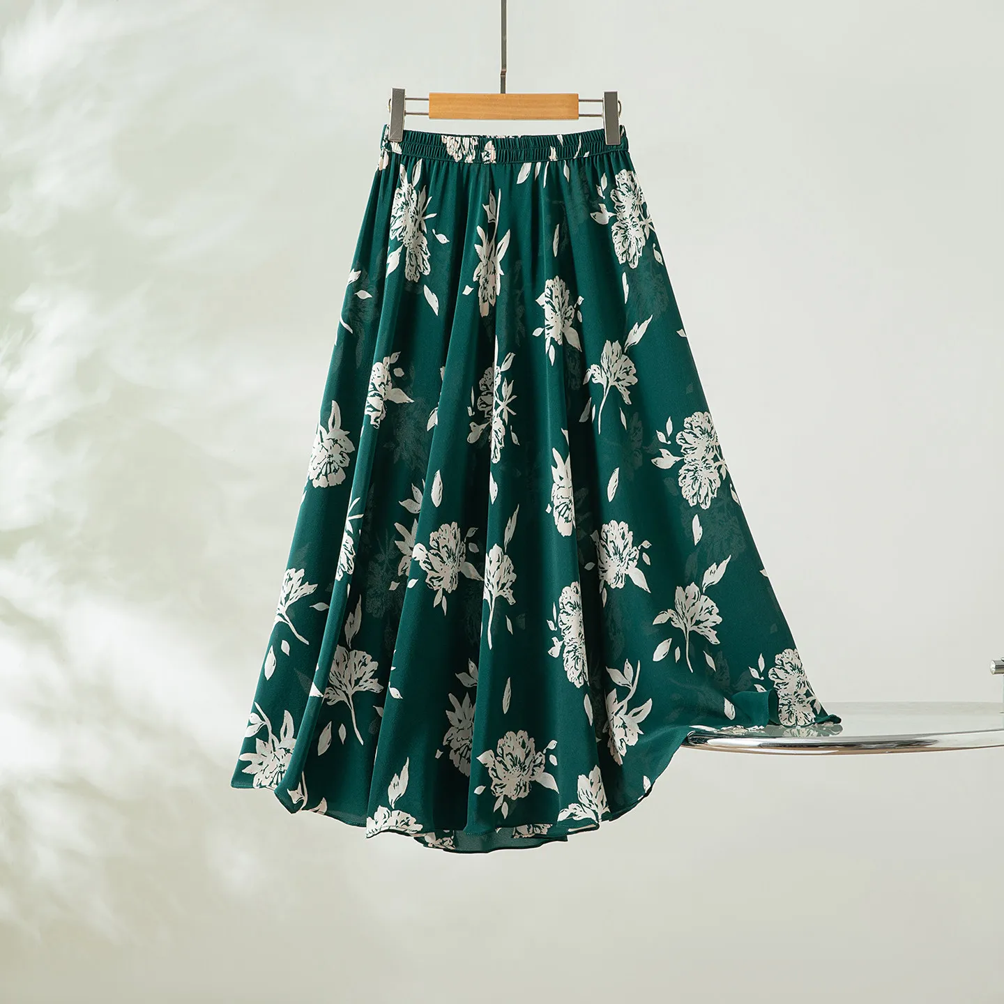 Winsleter-100%Real Silk Double Crepe Elegant Skirts, Elastic Waist Print, Women Temperament A-line Skirts, 2026 Summer B65073CC