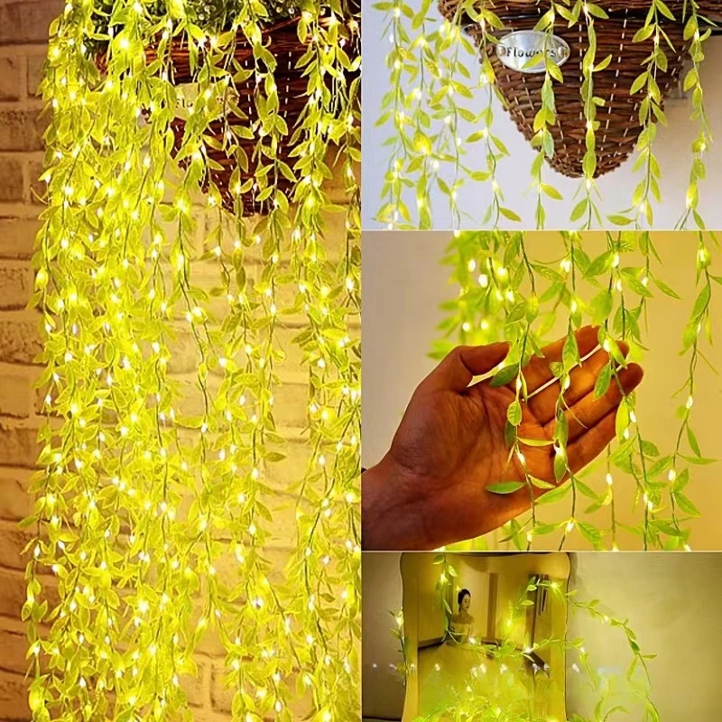 2M 20 Lamp Willow Curtain Vine Leaf Light String Imitation Leaf Waterproof Curtain Decorative Light for Living Rooms Courtyards