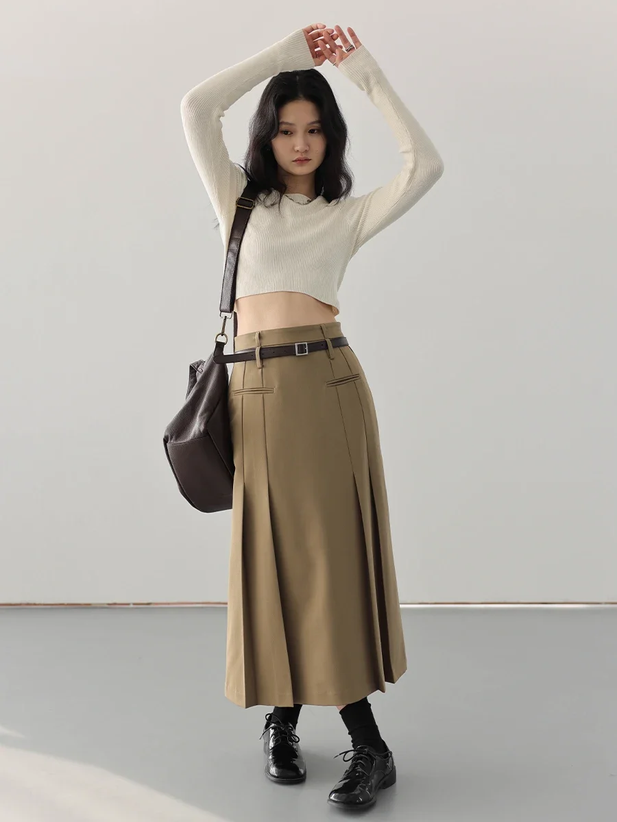 CHIC VEN Women Skirts High Waist Pleated Solid A-line Long Skirt Woman Clothes Female Outerwear Spring Autumn Fashion 2023