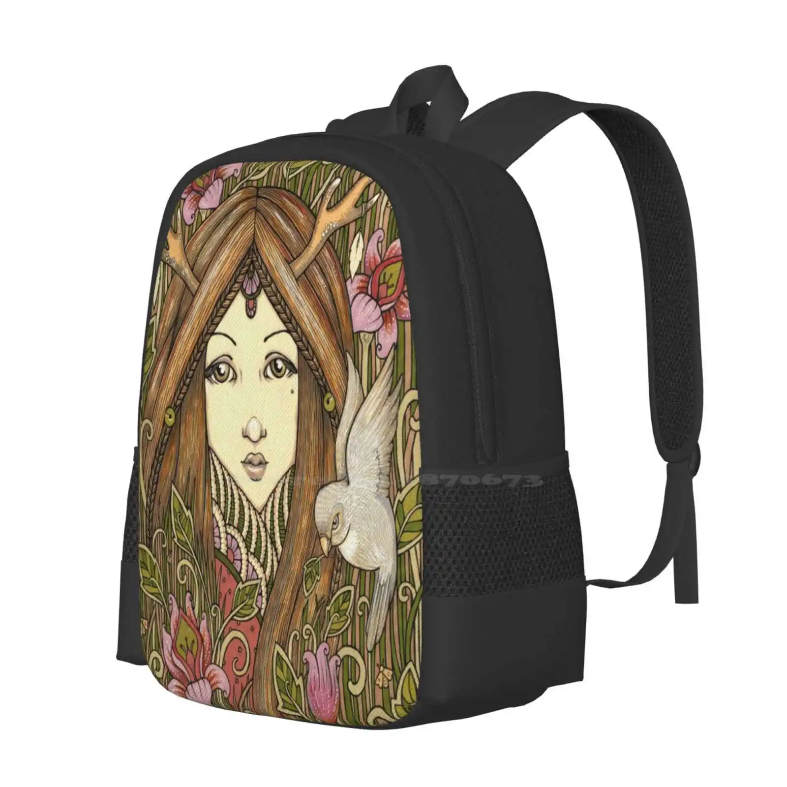 Natures Child Hot Sale Schoolbag Backpack Fashion Bags Girl Nature Child Fawn Antlers Bird Florals Ink Anita Inverarity