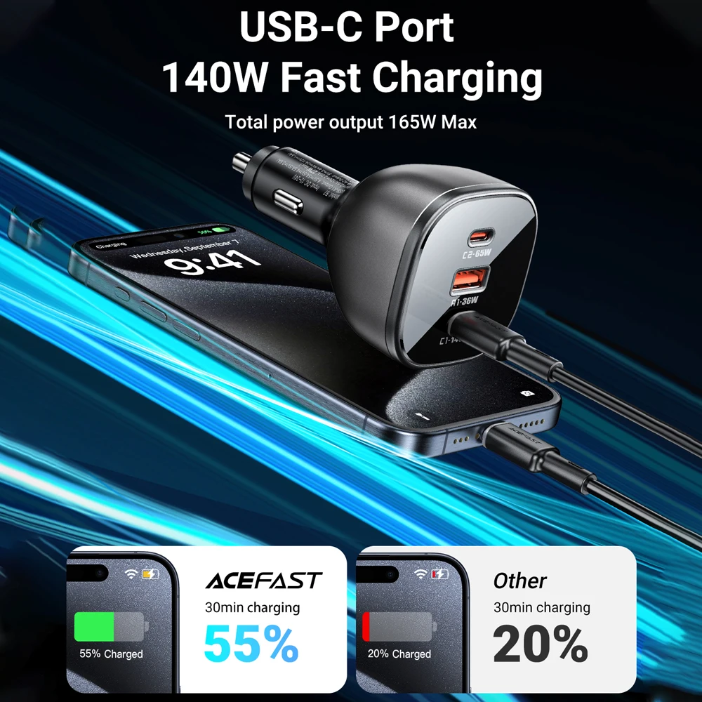 ACEFAST 140W USB C Fast Charging Phone Charger in Car For iPhone 16 15 Dual USB C Qucik Charging Adapter For Macbook Air Tablet