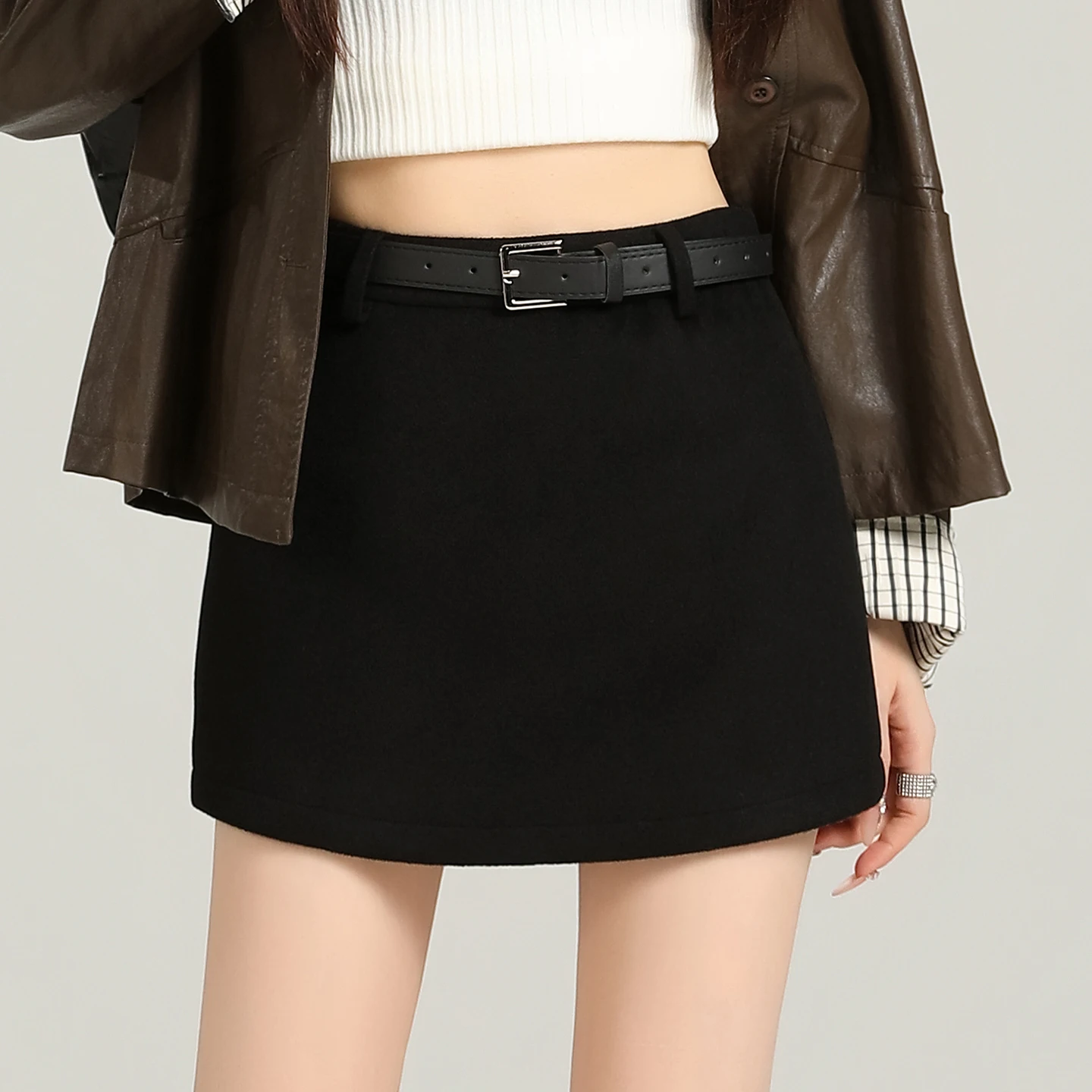 Korean Sle High Waist A-Line  Skirt Women's Autumn Winter New Slimming Versatile Wool Blend Anti-Light Pants ort Skirt