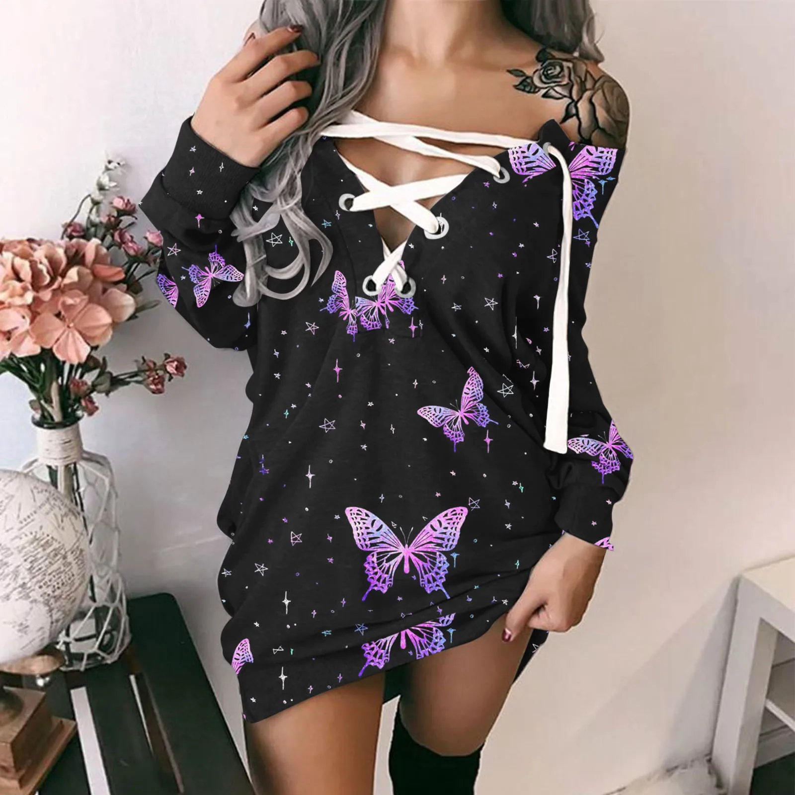 Women's Hoodie Sweatshirt Dress Long Sleeve Printed Pullover Tunic Dress Off Shoulder Strappy Sexy Mini Dress Female