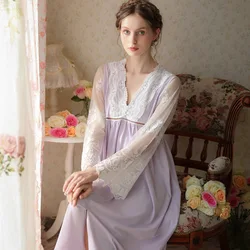 Embroidered Lace Long Sleeve Night Dress Women Fairy Cotton Sexy Peignoir Vintage Nighty Victorian Nightgowns Princess Sleepwear