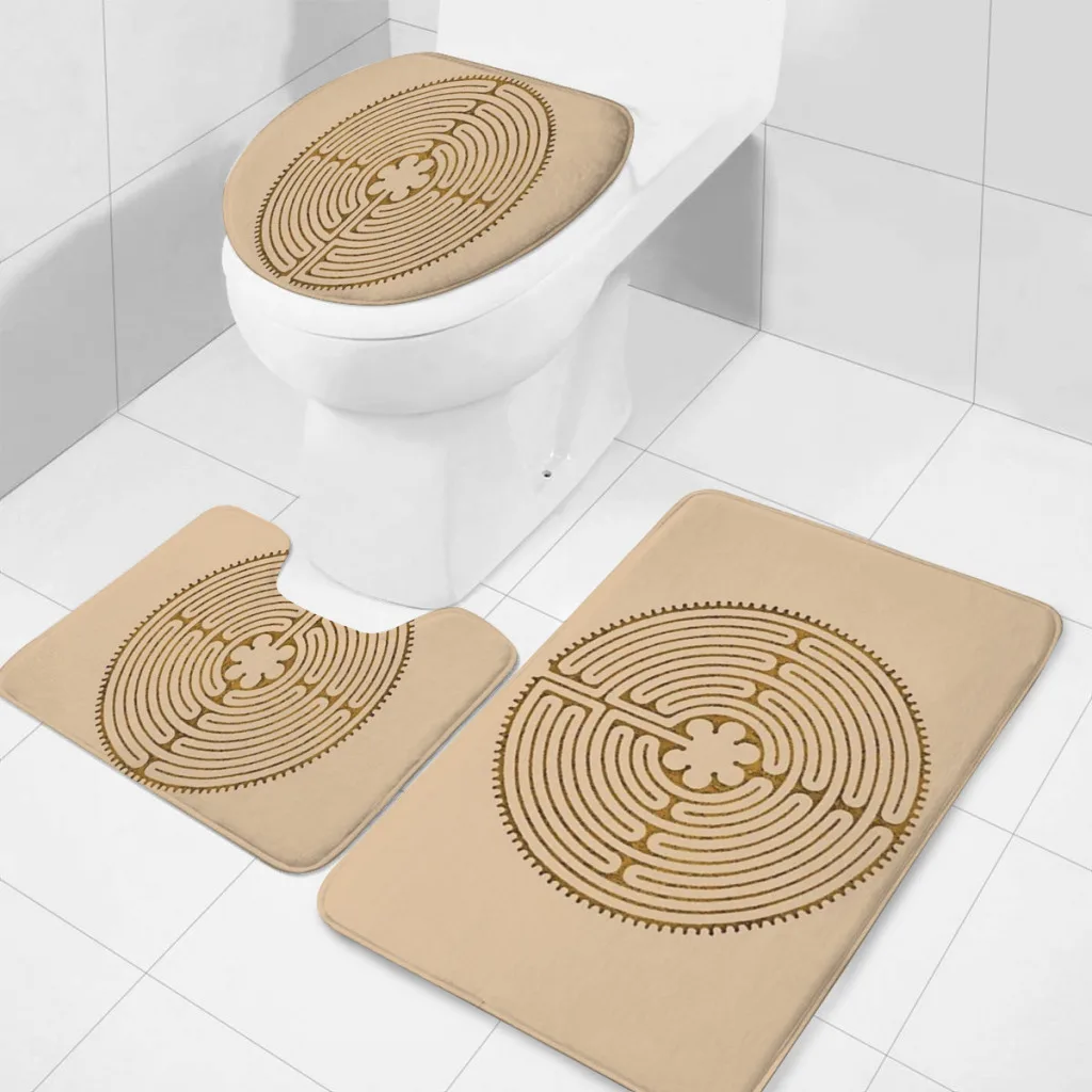 

Symbol Chartres Labyrinth Metal Gold Antique Style Bathroom Rugs Set 3 Piece U-Shaped Toilet Rug Soft Non-Slip Thick Bath Mat