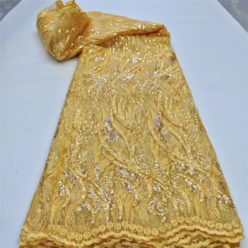 

Luxury African Sequins Beaded Lace Fabric 2025 High Quality Lace 5 Yards Gold French Lace Fabric Nigerian Lace Fabrics Party