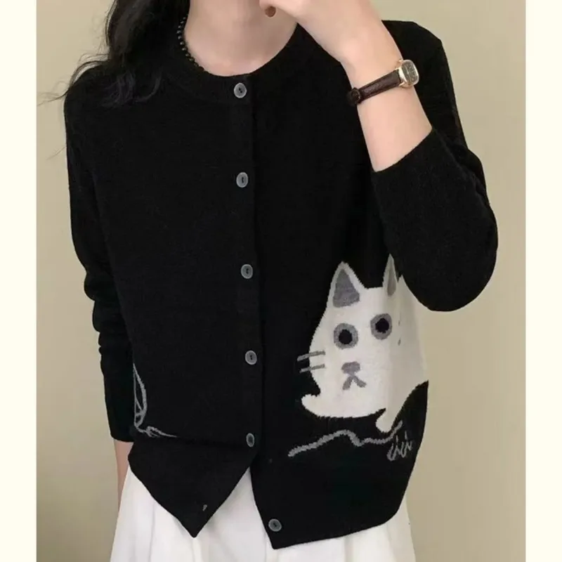

Loose Female Cat Pattern Knitted Cardigan Sweater Coat Autumn and Winter Top