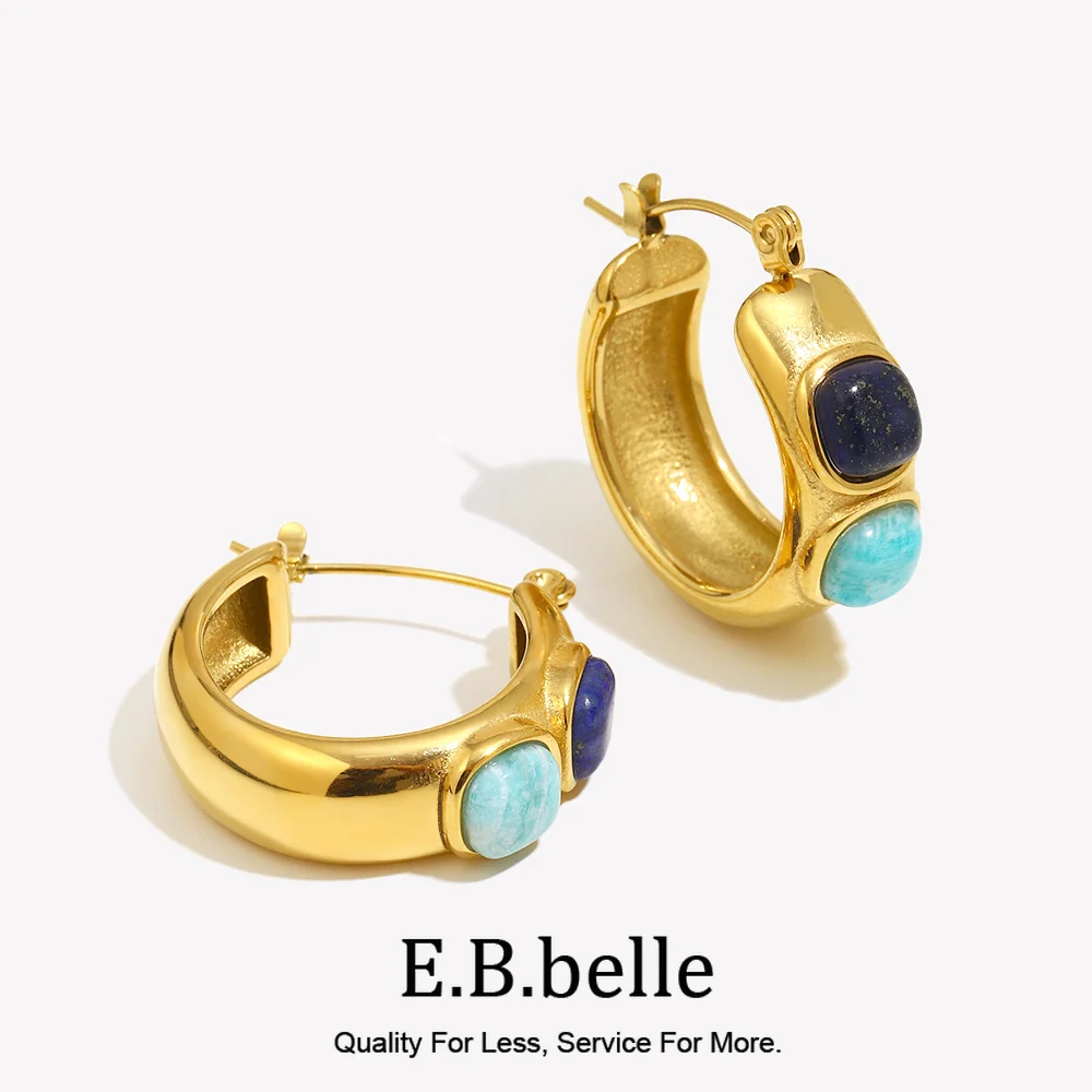 E.B.belle Round  Lazurite Turquoise Natural Stone Hoop Earrings Stainless Steel 18K Gold Plated Waterproof FashionEar Jewelry