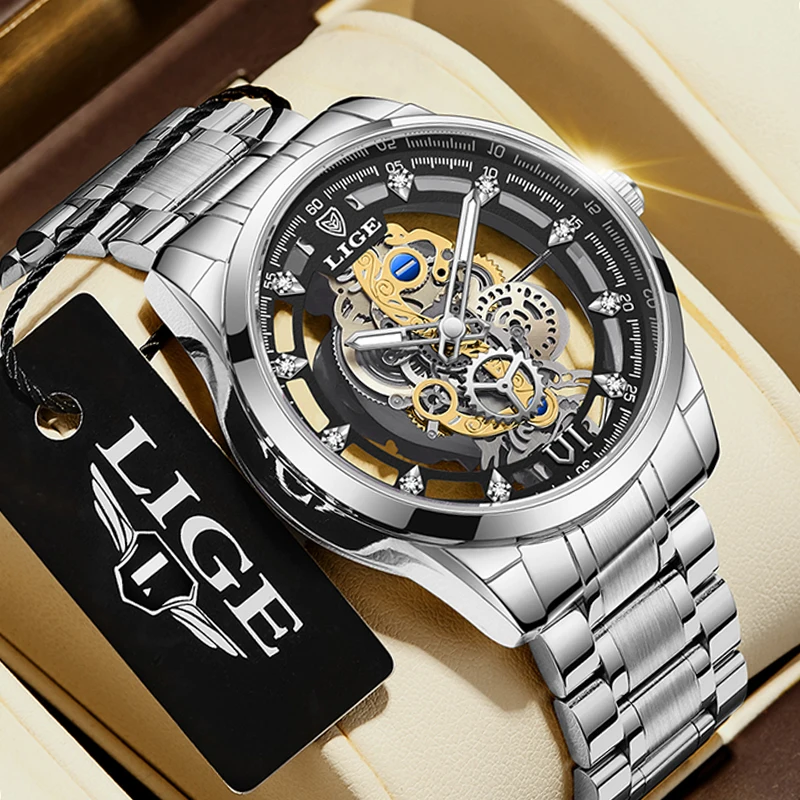 LIGE Fashion Top Luxury Men's Watches Skeleton Automatic quartz wristwatch Retro watches for men Gift Watch Brand Luxury reloj