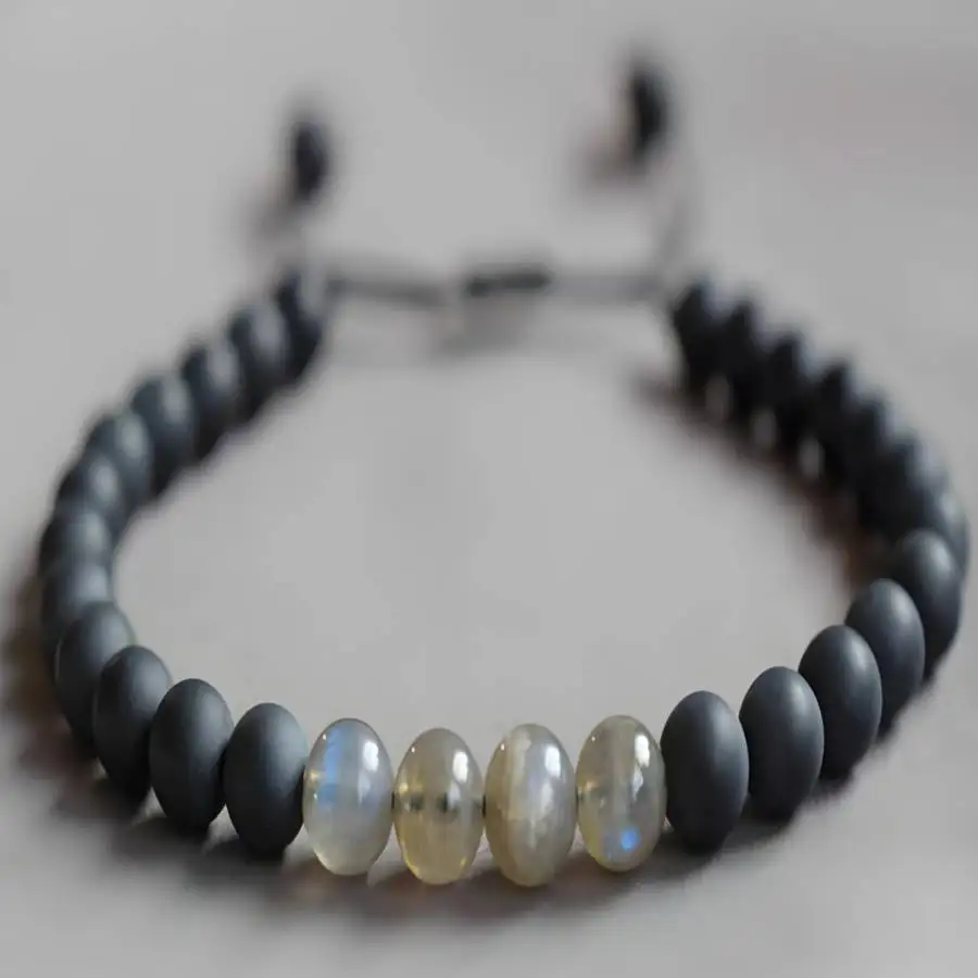 Genuine Black Onyx Bracelet Labradorite Accent Adjustable String Wristband Healing Crystal Jewelry 6MM