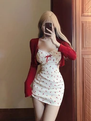 Korean 2 Piece Dress Sets Women Casual Knitted Short Cardigan + Outwear Elegant Sweet Floral Strap Mini Dress Chic 2024 Spring