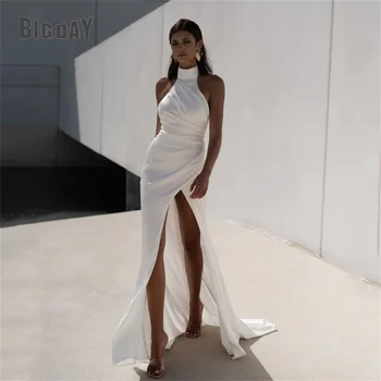 Seksi Denizkızı Gelinlik Kadınlar Yüksek Yaka Açık Geri Kolsuz Yan Yarık Plise Gelin Kıyafeti 2025, Vestido De Noiva Özelleştirilmiş