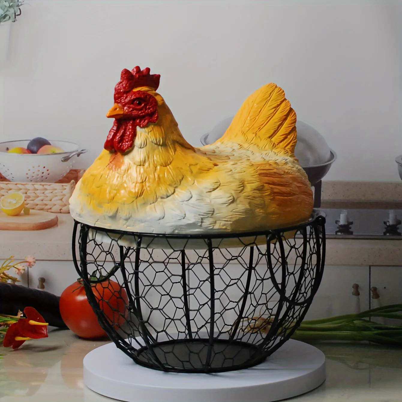 

Creative Hen Storage Basket Iron Home Kitchen Fruit Snack Egg Holder Decor