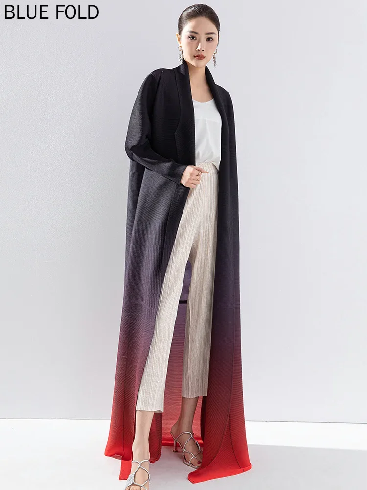 MIYAKE-Pleated Trench Coat for Women Fashionable and Loose-Fitting Printed Gradient Lapel Bat Sleeves Long Trench Coat High-end