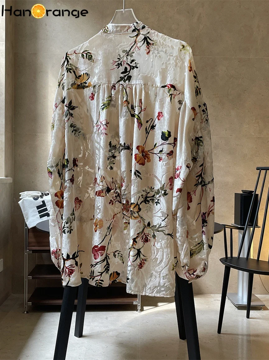 HanOrange Spring Autumn Vintage Palace Style Velvet Printed Shirt Loose Thin Casual Drape Slightly Transparent Top Women Retro