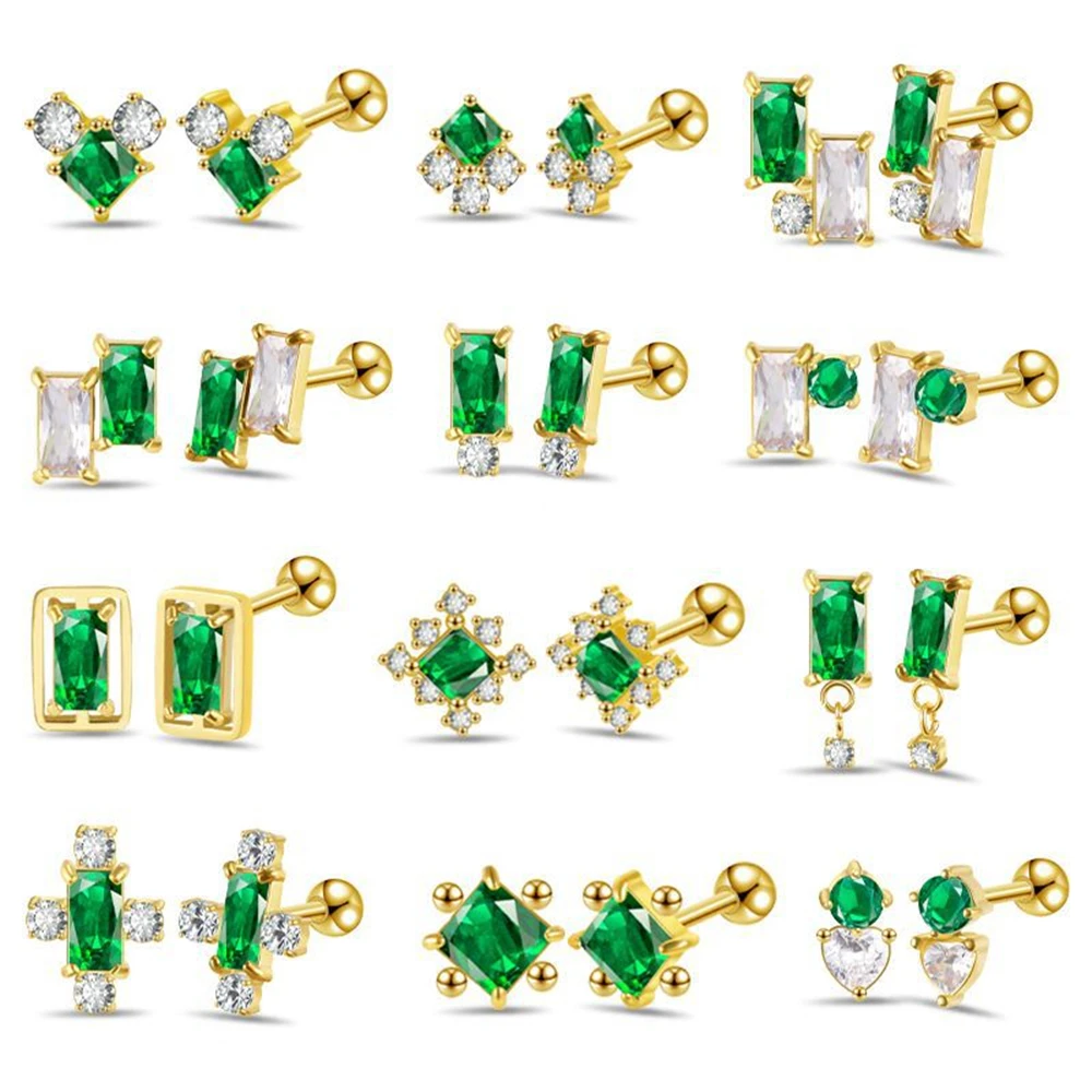 AIDE Emerald White Zircon Stainless Steel Earrings Titanium Piercing Stud Earpins For Women Cartilage Earring Nails Fine Jewelry