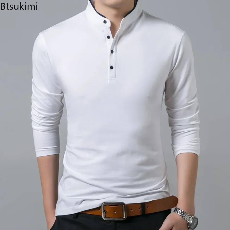 New 2025 Men's Casual Long Sleeve T-shirts Fashion Stand Collar Polo Shirt Men Business Social Solid Slim Tops Cotton Sport Tees - Image 2
