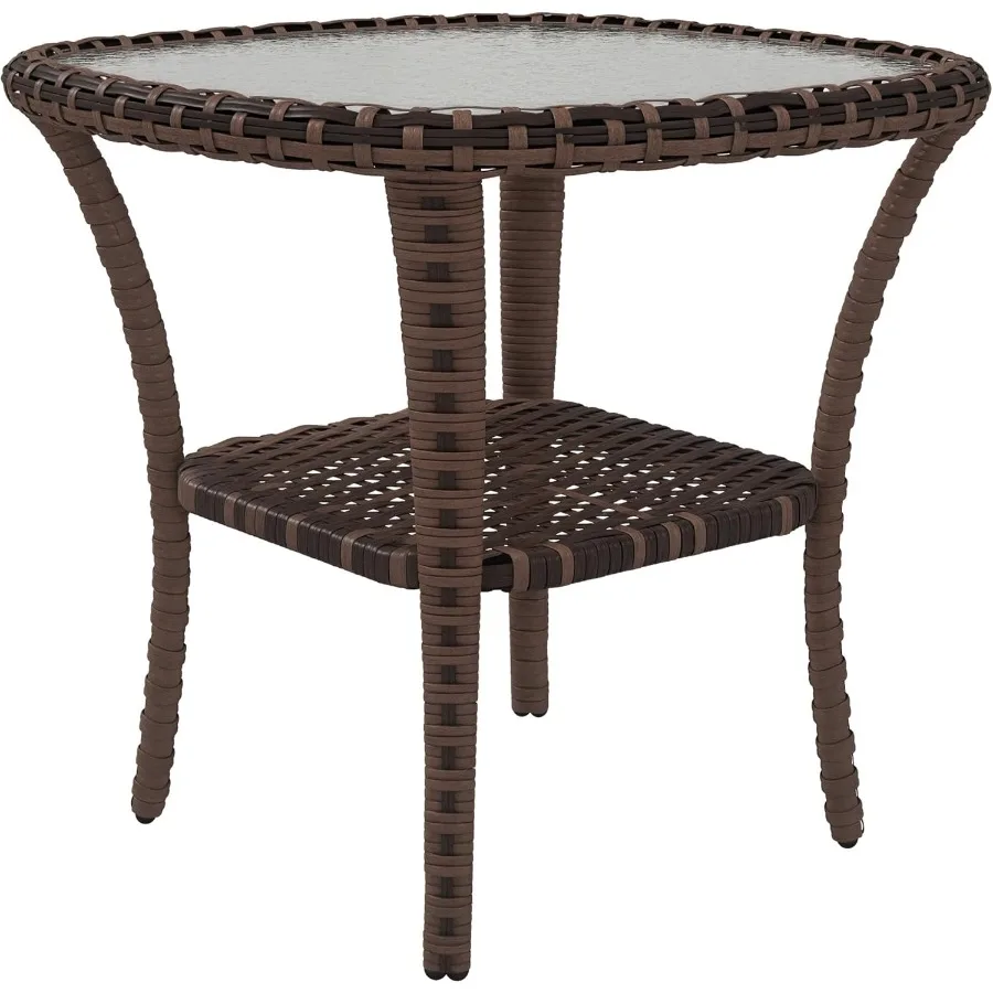 

Rattan Coffee Table with Storage Shelf Wicker Side Table with Glass Top Outdoor End Table for Garden Porch Backyard Mix Brown