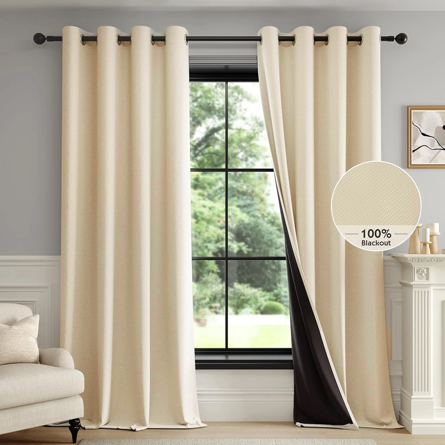 

100% beige Blackout Curtains for Living Room, Curtains 84 Inches Long Weave Textured Thermal Insulated Curtains for Bedroom