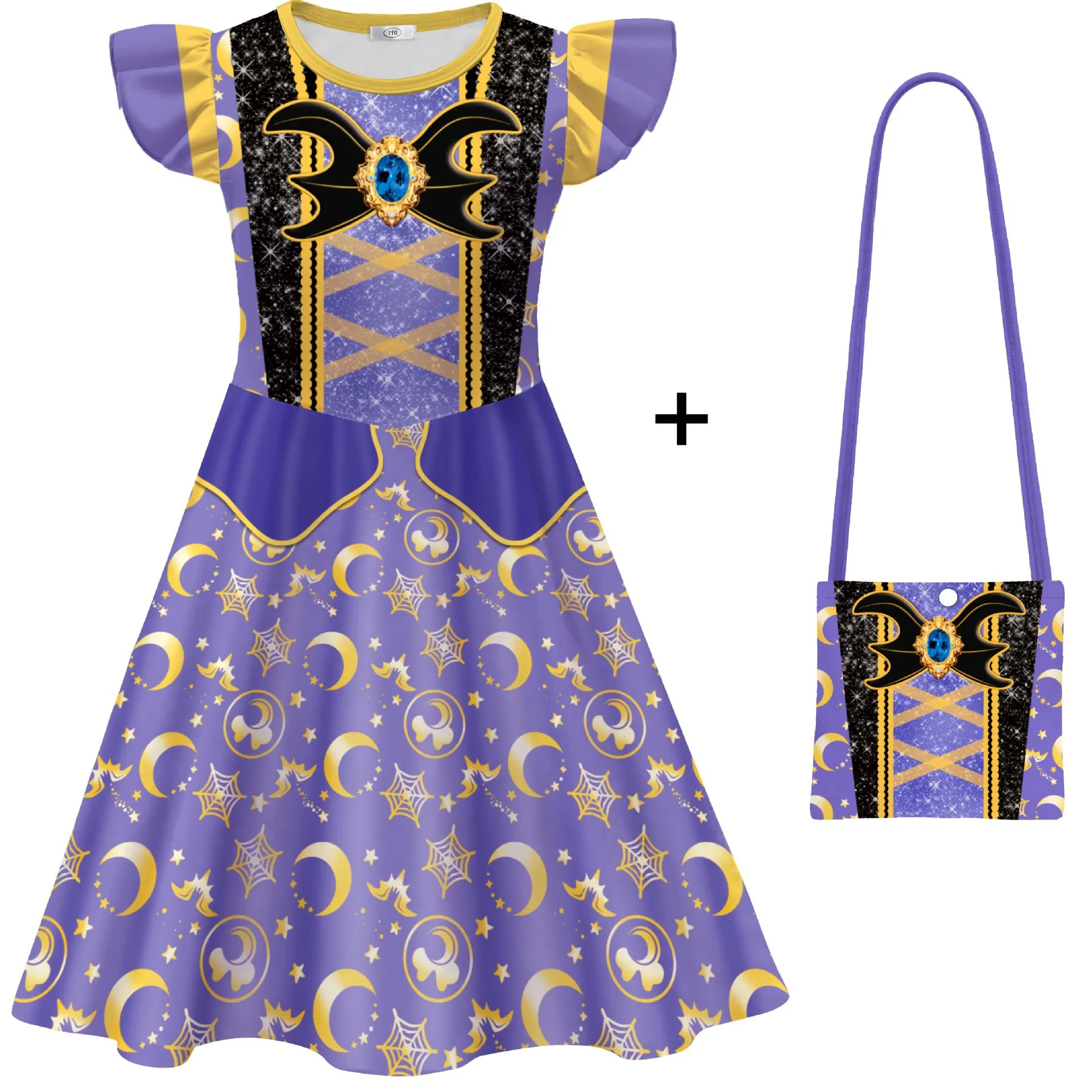 

Movie Christmas Eve Costume Girls Printed Dress With Bag For Toddler Kids Halloween Birthday Party Carnival Dress Up Outfits