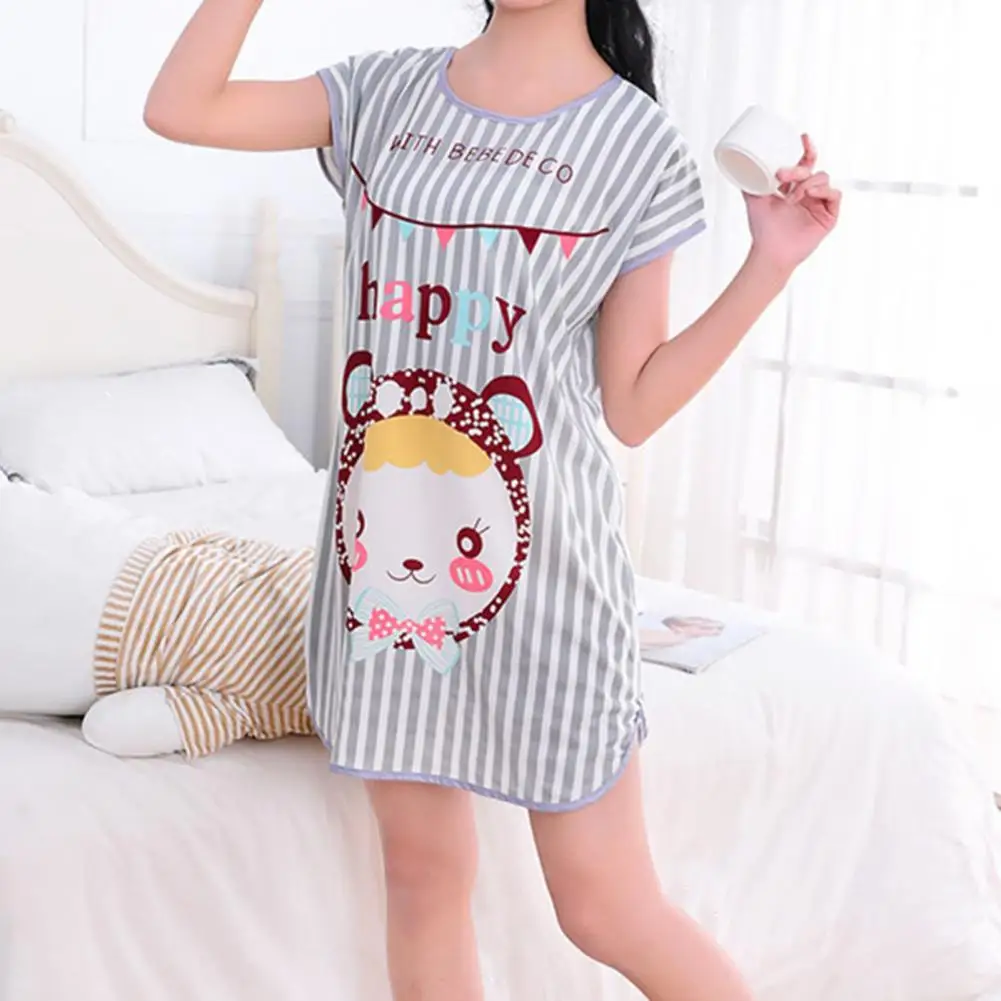 Stylish Lady Nighty Dress Short Sleeve Split Hem Ladies Round Neck Loose-fitting Nightdress