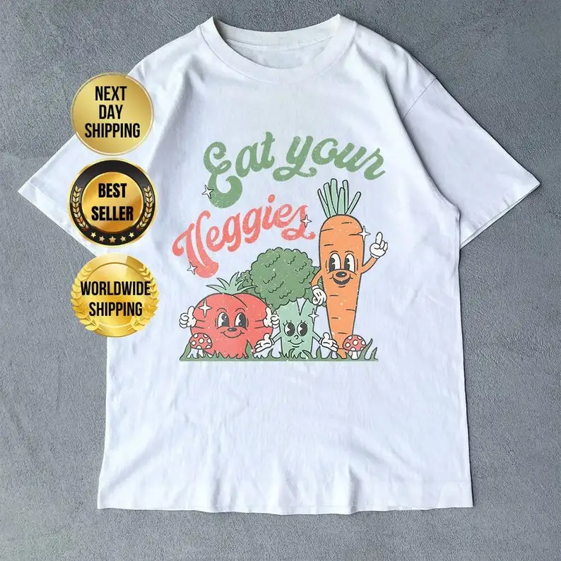 Eat Your Veggies Retro Graphic T Shirt Vegan Shirt Farmers Market Clothing Foodie Gardening Vegetable Screen Print Cotton Tee