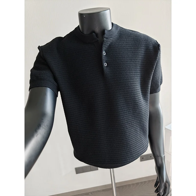 Summer Henry Collar Solid Color Retro Knitted Short Sleeved T-shirt Men Slim Fit Casual T-shirts Ice Silk Comfortable Tee Top