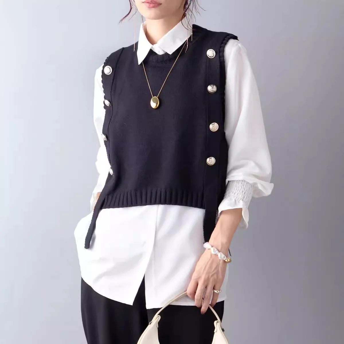 KUSAHIKI 2024 New Japanese Women's Two-piece Set Knitted Solid Buttons Ribbon Pullover Vest + White Shirt Outfits