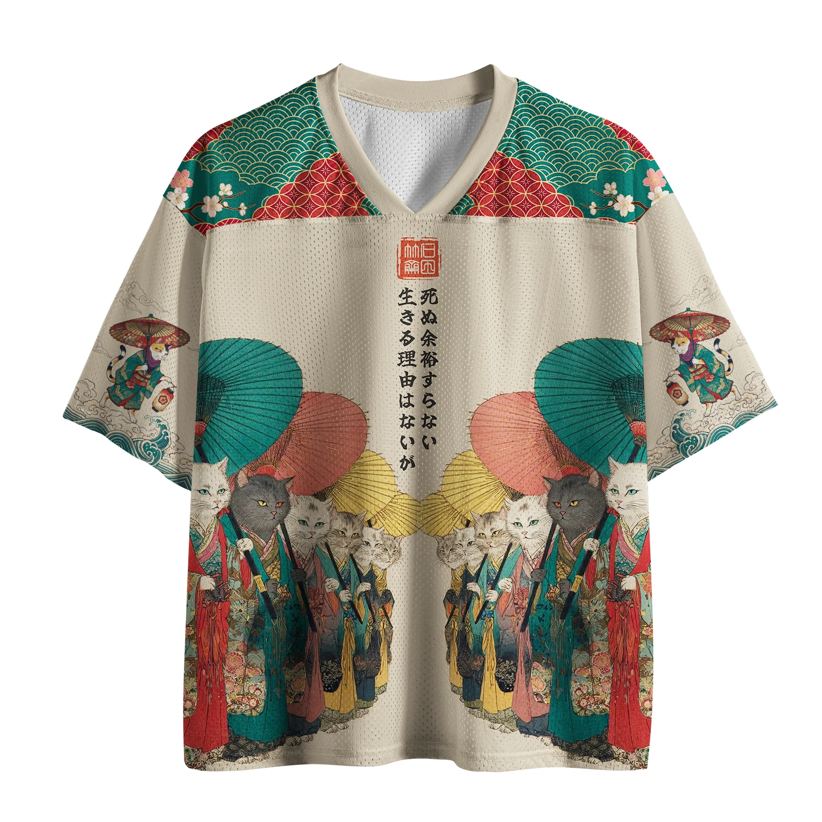 Camiseta de manga corta japonesa holgada y transpirable con estampado de ilustración vintage de un grupo de gatos Ukiyo-e con sombrillas.