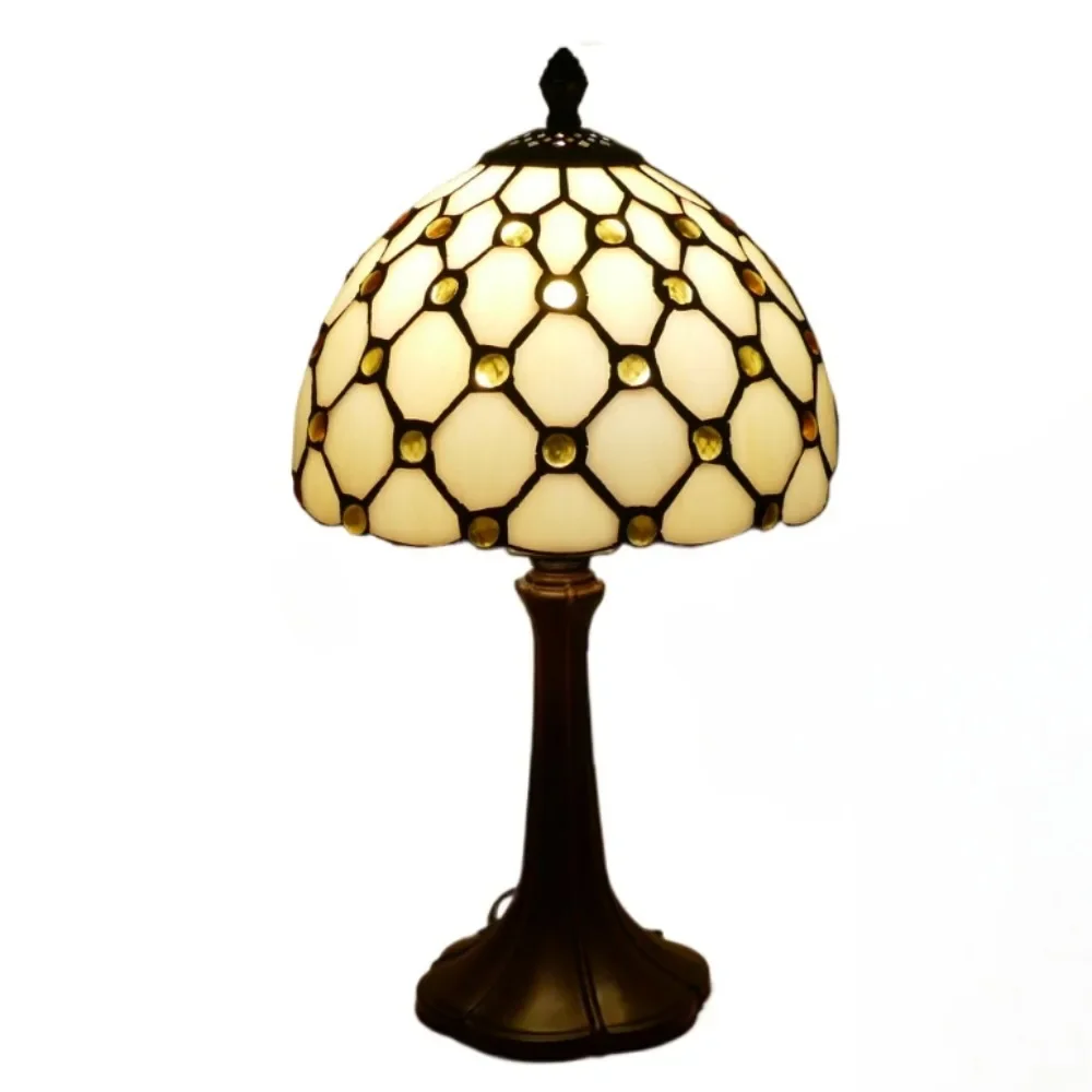 8inch Modern Tiffany Style Beige Beads Vintage Bedside Table Light Desk Lamps Accent Small E26 Bulb Base Reading Lamp Glass Room