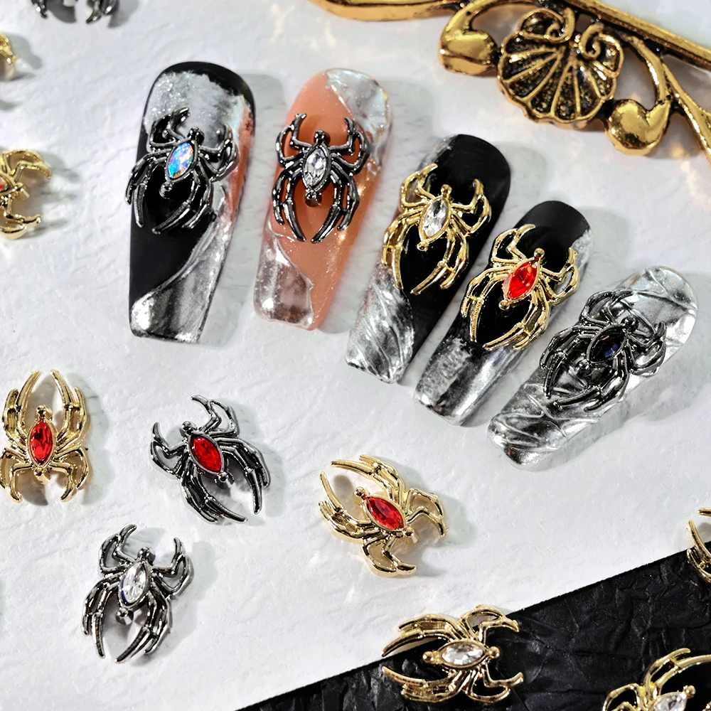 10pcs Alloy Spider Halloween Nail Charms 3D Black Gold Spider Crystal Rhinestone Gem Retro Jewelry For Nail Art Decorations