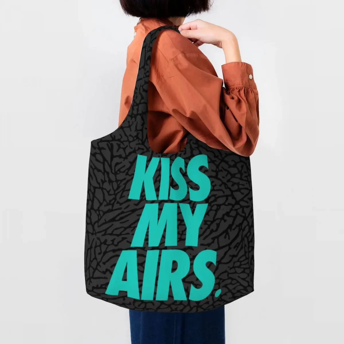 

Kiss My Airs Groceries Shopping Bags Kawaii Printed Canvas Shopper Tote Shoulder Bag Capacity Durable Bags Photography Hangbag