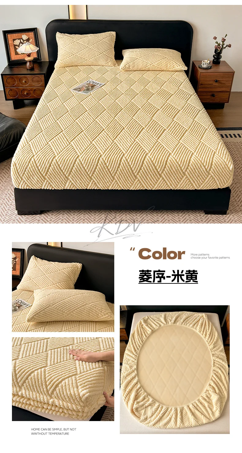 Geometric Jacquard Fleece Fitted Sheet Winter Thickened Warm Mattress Cover Solid Color Soft Plush Sheet for Single Double Bed